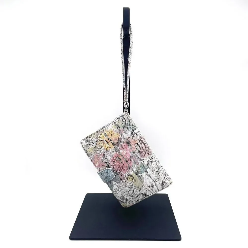 NWT Hobo Act Wristlet Wallet in Lizard Floral Leather White Pink Gray Blue NEW